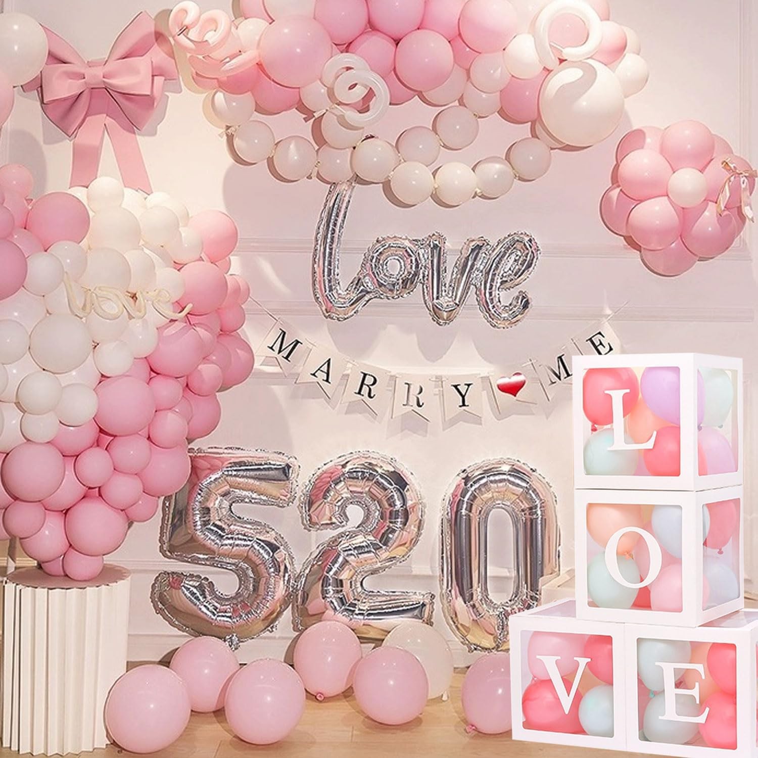 Set 4 Cutii pentru Baloane, , Model Scris Love, Tematica Iubire, Cuburi Decorative din Plastic, Accesorii pentru Petrecere, 30 x30 cm, Transparente Contur Alb [4]