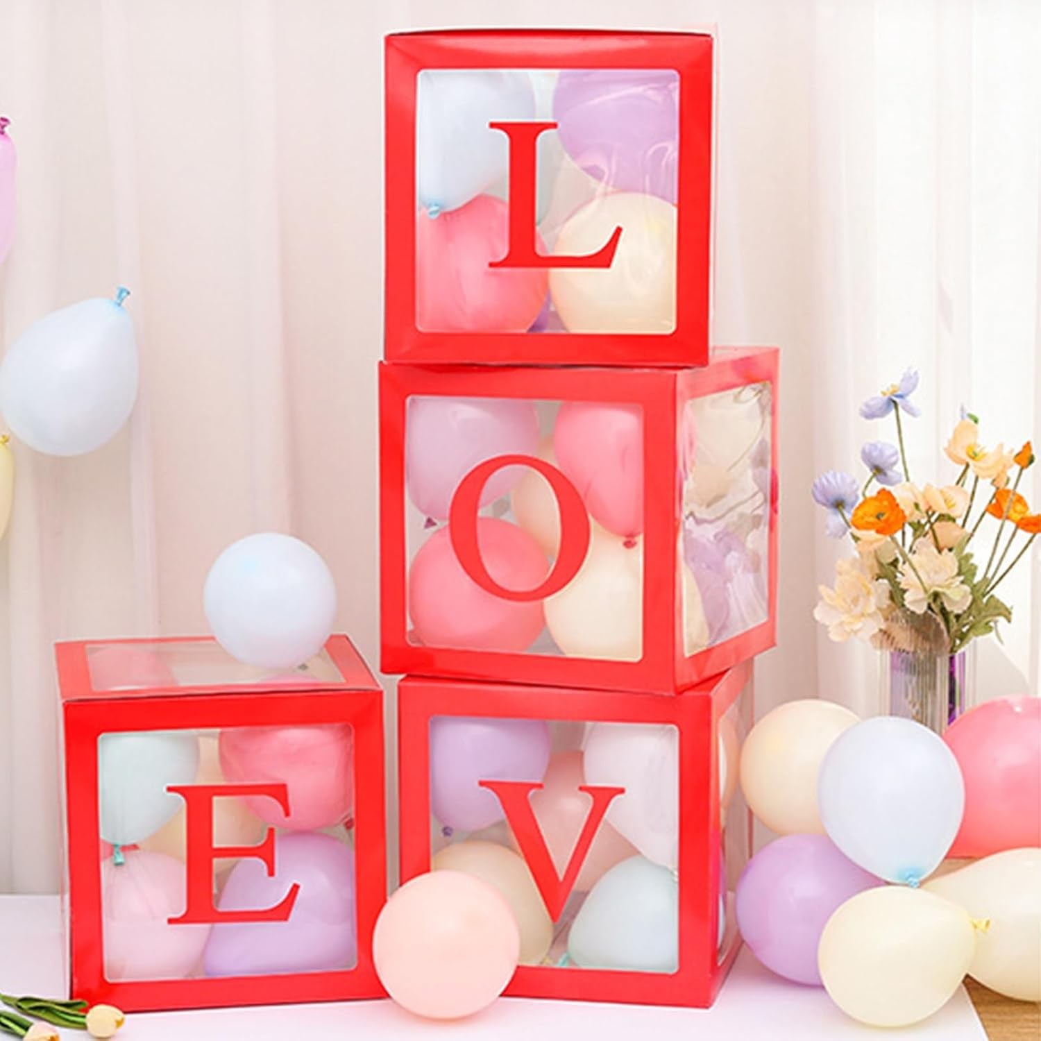 Set 4 Cutii pentru Baloane, , Model Scris Love, Tematica Iubire, Cuburi Decorative din Plastic, Accesorii pentru Petrecere, 30x30 cm, Transparente Contur Rosu [5]