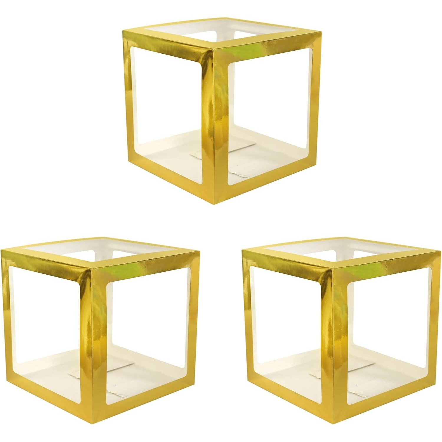 Set 4 Cutii pentru Baloane, , Model Simplu, Tematica Aniversare, Cuburi Decorative din Plastic, Accesorii pentru Petrecere, 30 x30 cm, Transparente Contur Auriu [7]