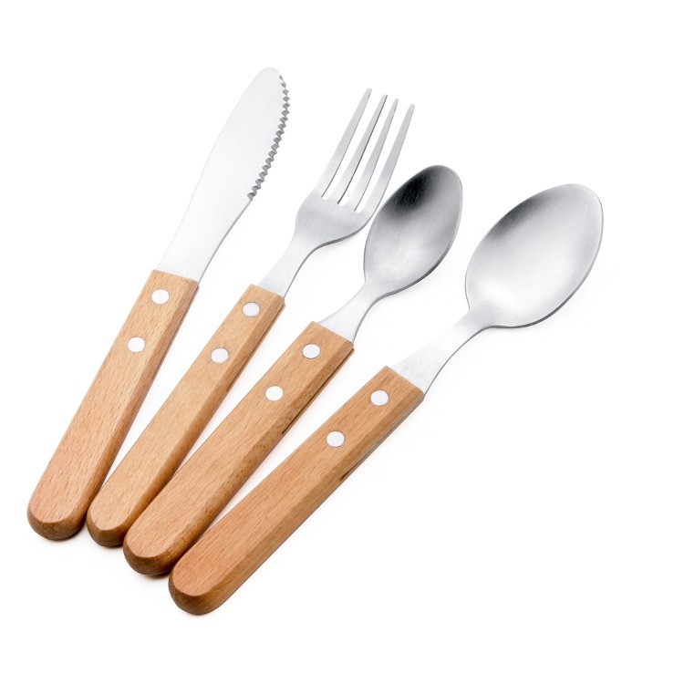 Veselă pentru Masă - Set 4 tacamuri pentru masa , otel 304, lingura, lingurita desert, cutit, furculita, maner din lemn de fag, 20 x 4 x 2 cm, gri
