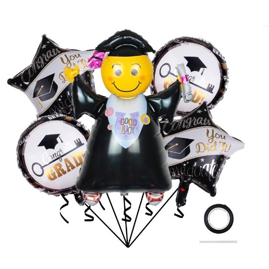 Baloane si Accesorii Absolvire - Baloane cu tematica Absolvire, , set din 5 baloane, 1 Figurina Absolventa, 2 stele, 2 rotunde, din folie de aluminiu, 70 x 40 cm, Aer si Heliu, Alb Negru