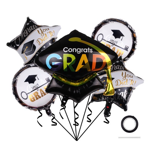 Baloane si Accesorii Absolvire - Baloane cu tematica Absolvire, , set din 5 baloane, 1 Figurina Toca, 2 stele, 2 rotunde, din folie de aluminiu, 70 x 40 cm, Aer si Heliu, Alb Negru