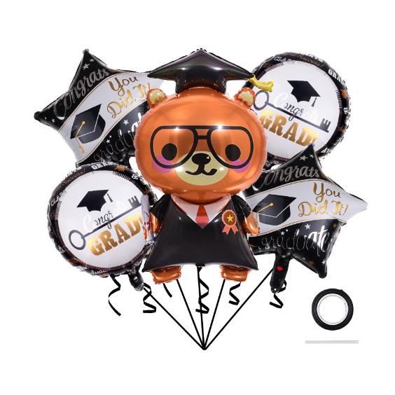 Baloane si Accesorii Absolvire - Baloane cu tematica Absolvire, , set din 5 baloane, 1 Figurina Ursulet, 2 stele, 2 rotunde, din folie de aluminiu, 70 x 40 cm, Aer si Heliu, Alb Negru