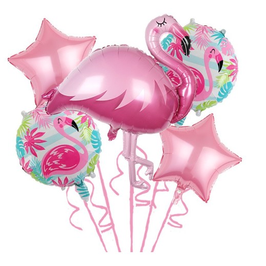 ✨TOATE PRODUSELE✨ - Baloane aniversare Flamingo Party, , din Folie de aluminiu si Latex, set din 5 baloane, 1 Flamingo, 2 Stele, 2 rotunde, 60 x 90 cm, Adeziv si pai inclus Rose