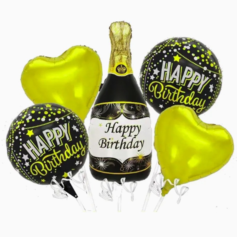Seturi Baloane Folie - Baloane pentru aniversare, , tematica Happy Birthday, set 5 baloane, 1 Sticla Sampanie 103 x 94 cm, 2 inimi, 2 rotunde, din folie de aluminiu, pai de carton inclus, Negru Auriu