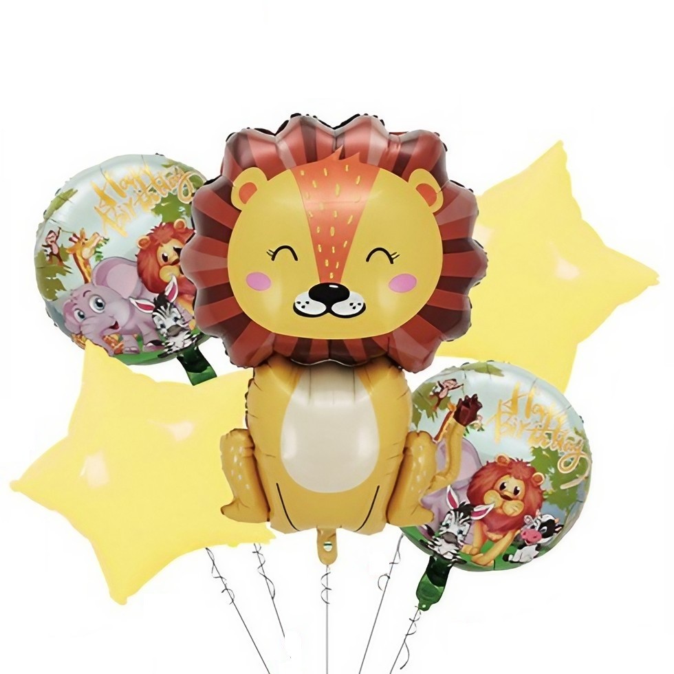 Seturi Baloane Folie - Set 5 Baloane din Folie Metalizata, , Figurine, Tema Aniversare Jungla, Pai Inclus, Ambalaj Individual, Umflare cu Aer sau Heliu, Figurina Leu 69.5x101 cm, Stelute si Cerculete 45 cm, Multicolor