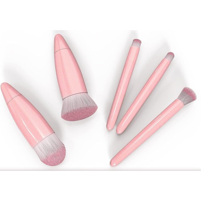 Set 5 Mini Pensule de Machiaj, , Portabile, in Carcasa cu Oglinda, din Par Sintetic Moale, Roz, 12x7x2.5 cm [2]