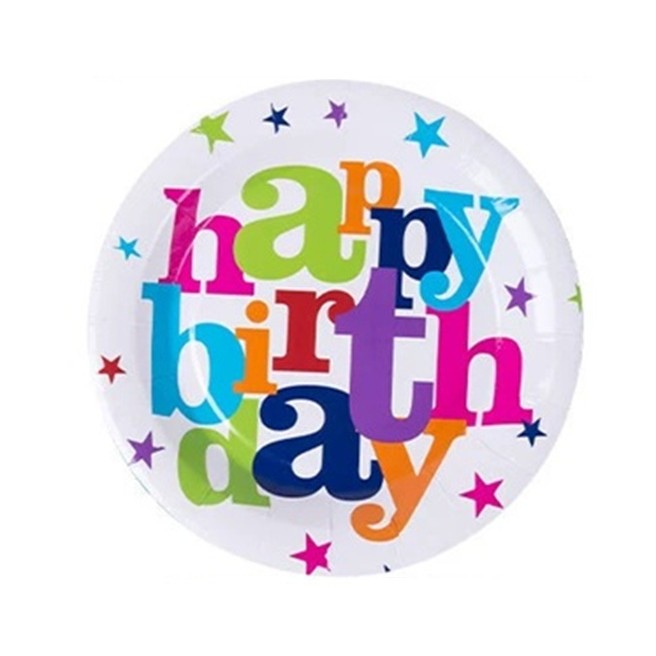 ✨TOATE PRODUSELE✨ - Set 6 Farfurii Unica Folosinta, , Imprimeu Happy Birthday, din Carton, Diametru 23 cm, Multicolor