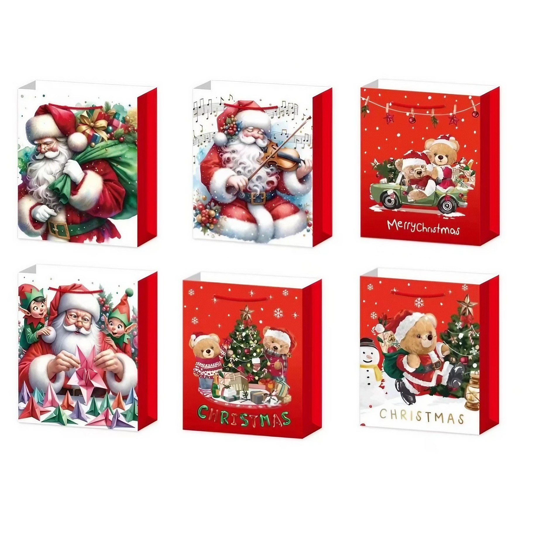 ✨TOATE PRODUSELE✨ - Set 6 Pungi Cadou, , Imprimeu Tematica Mos Craciun, Ursuleti, Brazi, Model Random, din Hartie, Impachetare Usoara a Cadourilor, 18.5x22.5x8.5 cm, Multicolor