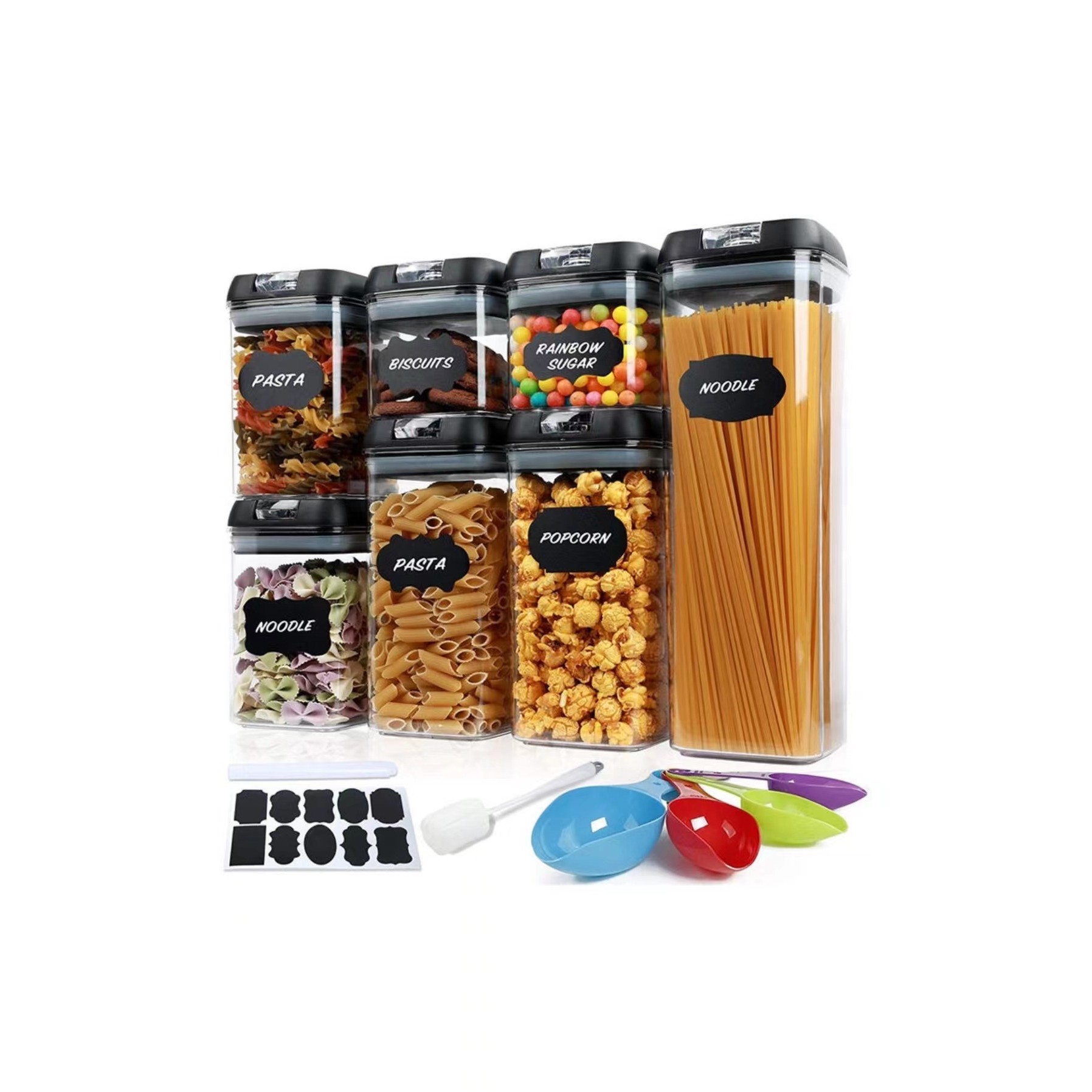 Organizatoare si Depozitare Bucatarie - Set 7 Recipiente Organizare Alimente, , Inchidere Etansa, Etichete Reutilizabile, Cupe Masurare, 4 Dimensiuni Diferite, din Plastic Dur, Transparent