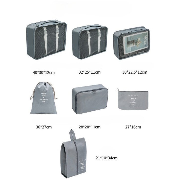 Set 7 Genti de Calatorie, , pentru Depozitare, Compresibile, 7 Dimensiuni, Impermeabile, Design cu Plasa, Pliabile, Manere Robuste, Fermoar dublu, Gri [6]