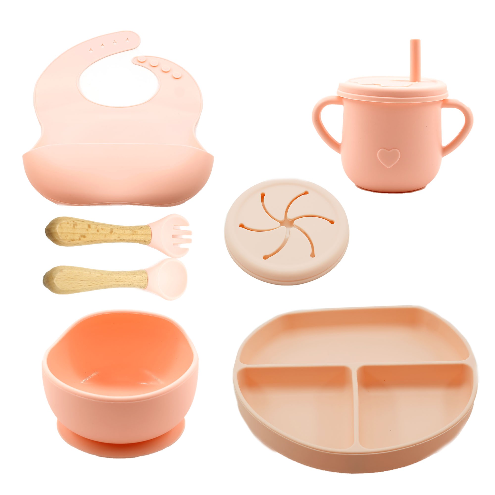 ✨TOATE PRODUSELE✨ - Set 8 piese diversificare bebelusi si copii din silicon , baveta, farfurie compartimentata cu ventuza, bol cu ventuza, tacamuri din lemn si silicon, cana pentru gustari, fara alergeni, roz