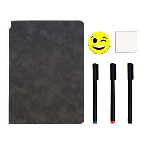 Accesorii Birou si Consumabile - Set Agenda A5 Reutilizabila cu Pagini Tip Tabla, Agenda Pagini Albe cu Stergere Uscata, 3 Markere, 1 Burete și 1 Laveta de sters, Portabila, 24 x 16.5 cm, Coperta Piele, Negru