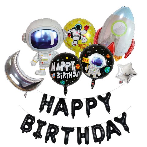 Seturi Baloane Folie - Set baloane aniversare 8 piese, , tematica HAPPY BIRTHDAY, Figurine Astronaut Racheta, 1 luna, 1 stea, 3 baloane folie, Multicolor
