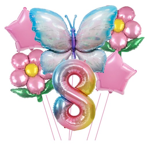 Seturi Baloane Folie - Set baloane aniversare cu numere, din folie de aluminiu, 6 piese, 2 flori, 2 stelute, 1 fluture, 1 cifra, Multicolor, Cifra 8