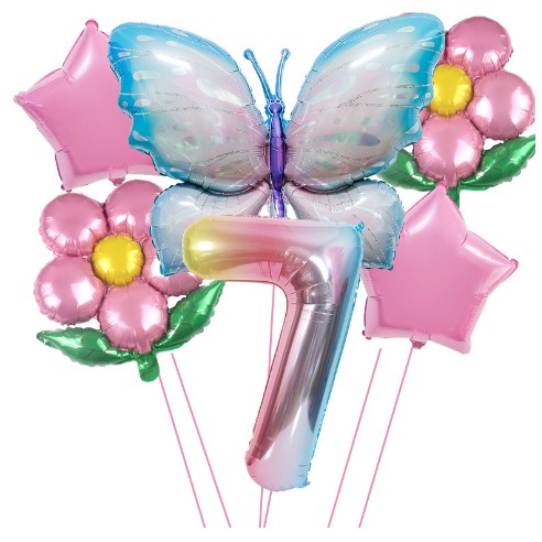 Seturi Baloane Folie - Set baloane aniversare cu numere, din folie de aluminiu, 6 piese, 2 flori, 2 stelute, 1 fluture, 1 cifra, Multicolor, Cifra 7
