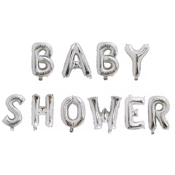 Set Baloane din Folie Metalizata, , Model Baby Shower, Litere de 40 cm, Baloane Party, Ambalaj Individual, Pai, Ata si Adeziv Incluse, Umflare cu Aer sau Heliu, Argintiu [3]
