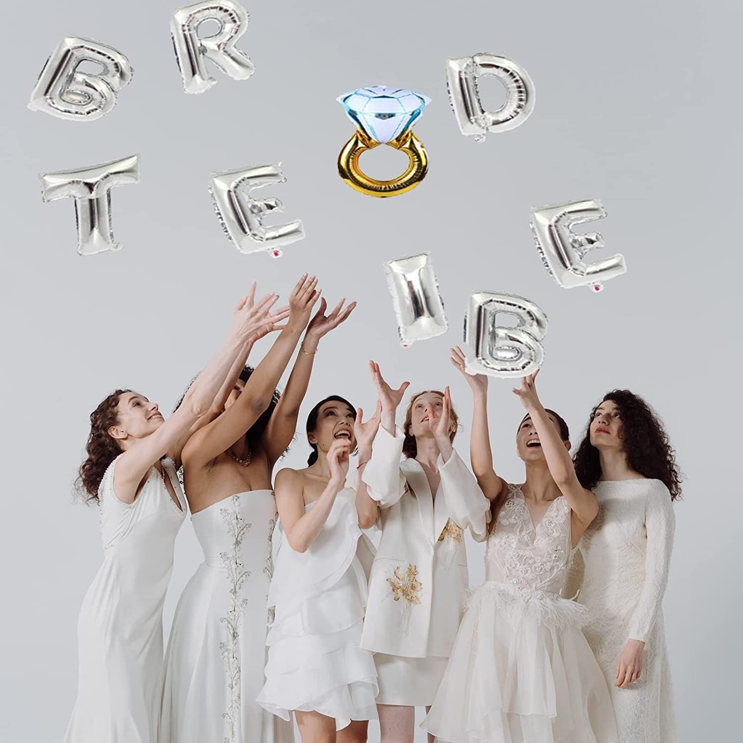 Set Baloane din Folie Metalizata, , Model Bride to Be cu Inel de Logodna, Litere de 40 cm, Baloane Party, Ambalaj Individual, Pai Inclus, Umflare cu Aer sau Heliu, Argintiu [2]