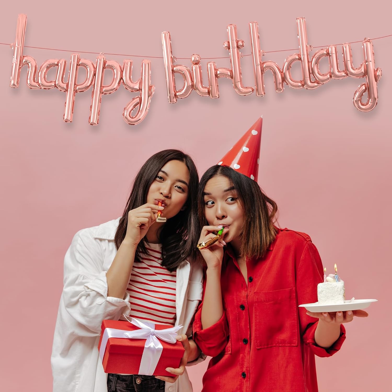 Set Baloane din Folie Metalizata, , Model Happy Birthday, 45x85 cm, 45x124cm, Baloane Party, Ambalaj Individual, Pai Inclus, Umflare cu Aer sau Heliu, Roz Pal [2]