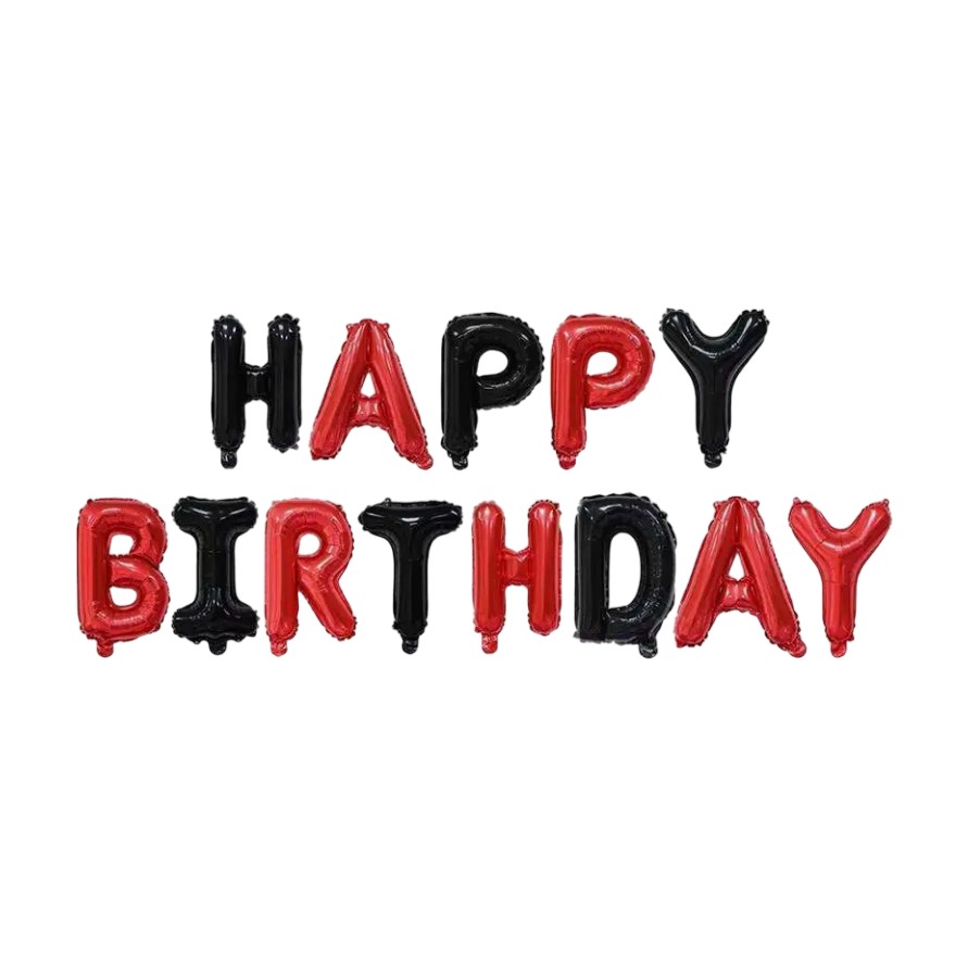 Seturi Baloane Folie - Set Baloane din Folie Metalizata, , Model Happy Birthday, Litere de 40 cm, Baloane Party, Ambalaj Individual, Pai, Ata si Adeziv Incluse, Umflare cu Aer sau Heliu, Rosu-Negru