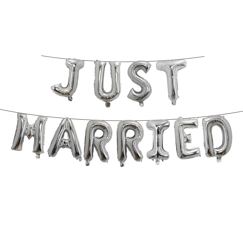 ✨TOATE PRODUSELE✨ - Set Baloane din Folie Metalizata, , Figurine Litere, Model Just Married, Tema Nunta, 40 cm, Baloane Party, Ambalaj Individual, Pai inclus, Umflare cu Aer sau Heliu, Argintiu