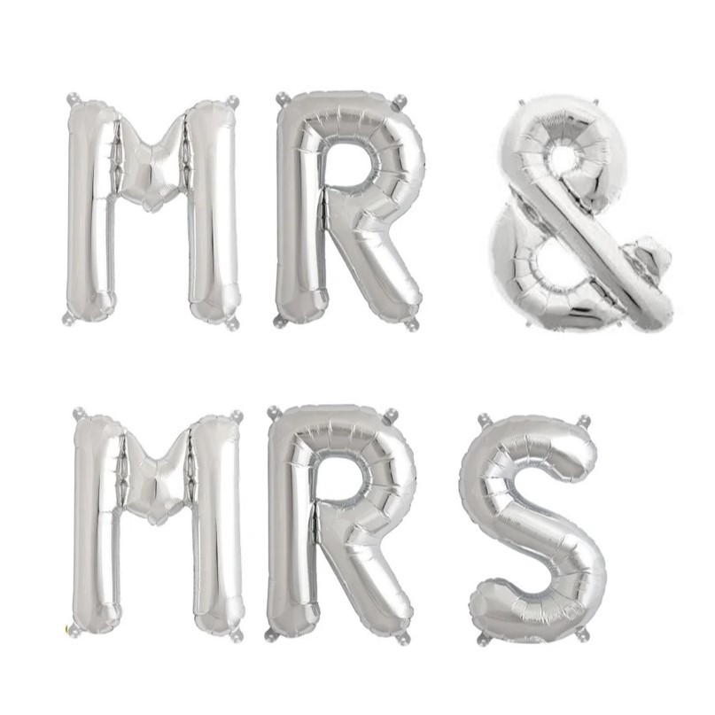✨TOATE PRODUSELE✨ - Set Baloane din Folie Metalizata, , Figurine Litere, Model MR&MRS, Tema Nunta, 40 cm, Baloane Party, Ambalaj Individual, Pai inclus, Umflare cu Aer sau Heliu, Argintiu