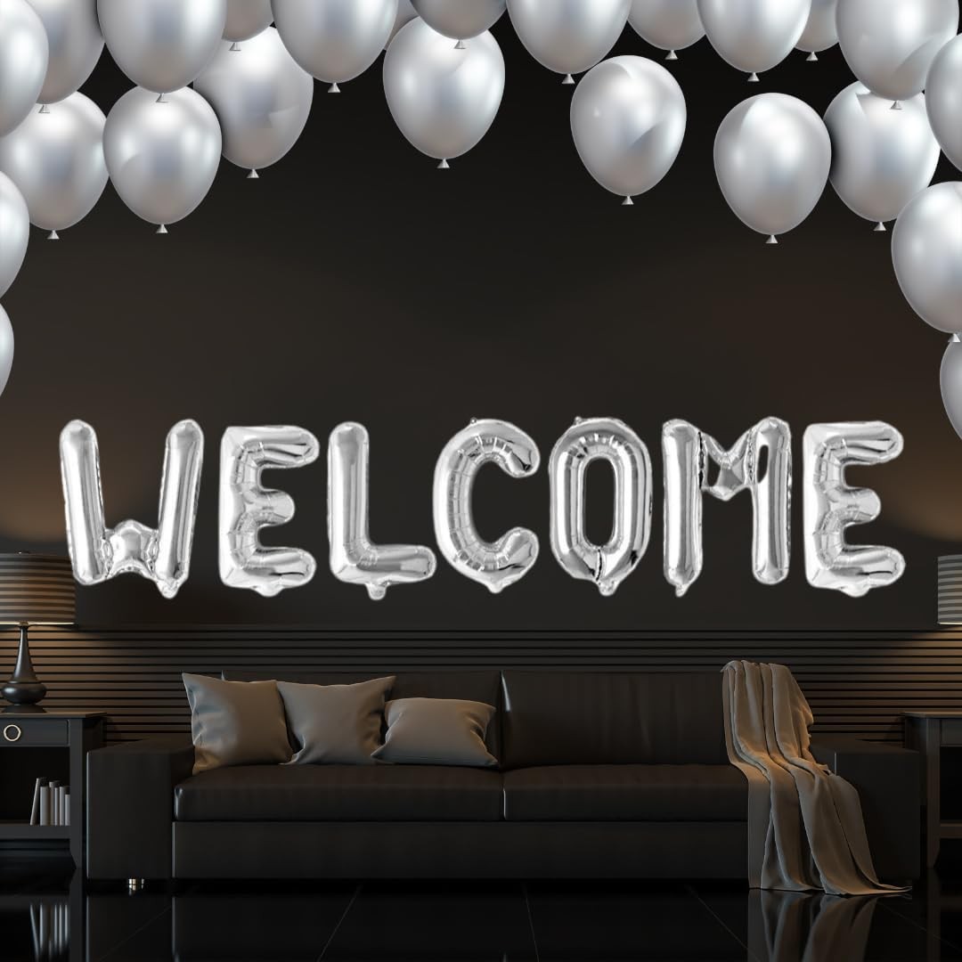 Set Baloane din Folie Metalizata, , Model WELCOME!, Litere de 40 cm, Baloane Party, Ambalaj Individual, Pai Inclus, Umflare cu Aer sau Heliu, Argintiu [3]