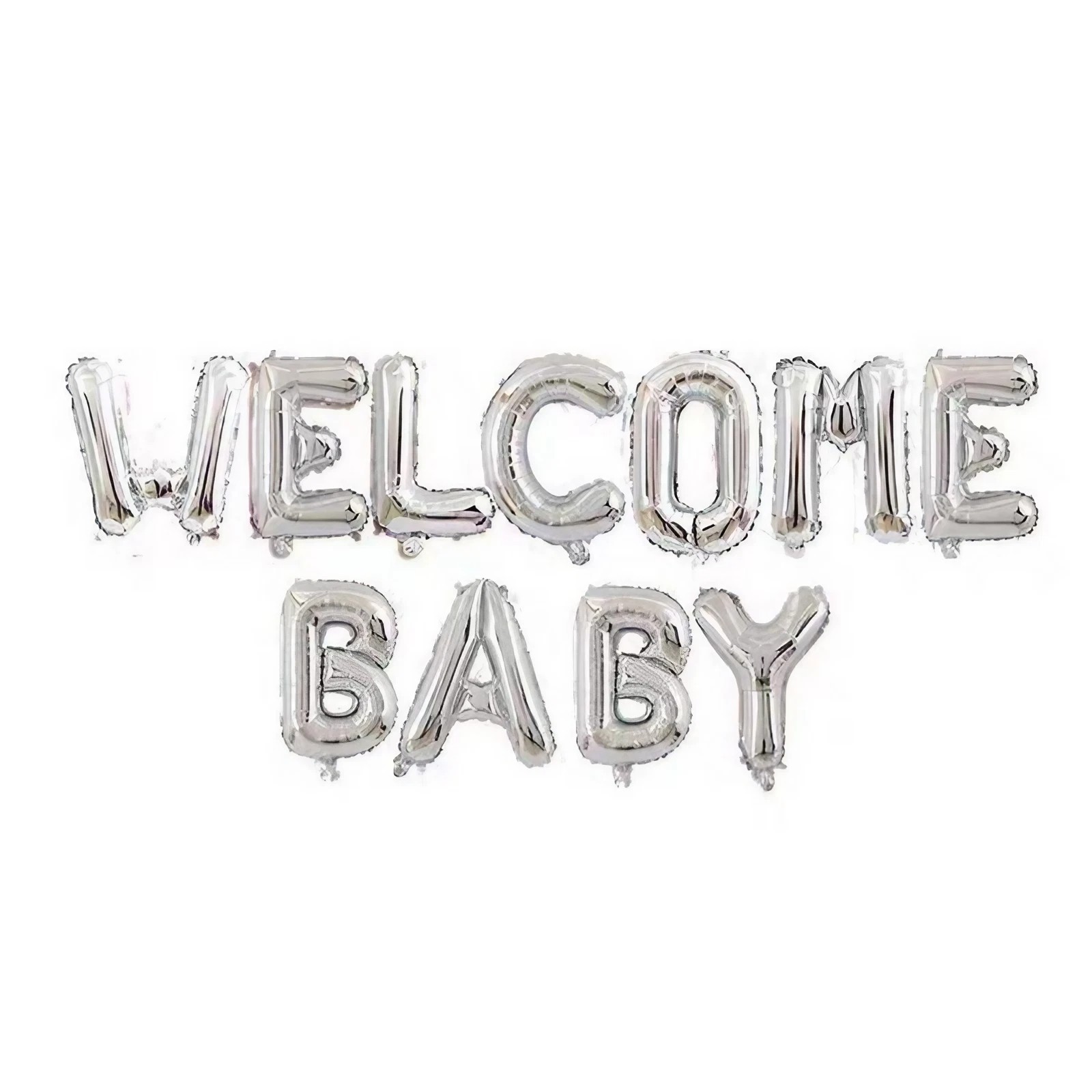 Seturi Baloane Folie - Set Baloane din Folie Metalizata, , Figurine Litere, Model Welcome Baby, Tema Aniversare, 40 cm, Ambalaj Individual, Pai inclus, Umflare cu Aer sau Heliu, Alb