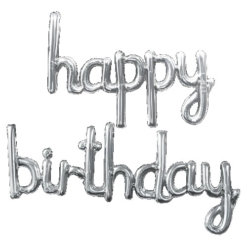 Seturi Baloane Folie - Set Baloane din Folie Metalizată, , Model Happy Birthday, 45x85 cm, 45x124cm, Baloane Party, Ambalaj Individual, Pai inclus, Umflare cu Aer sau Heliu, Argintiu