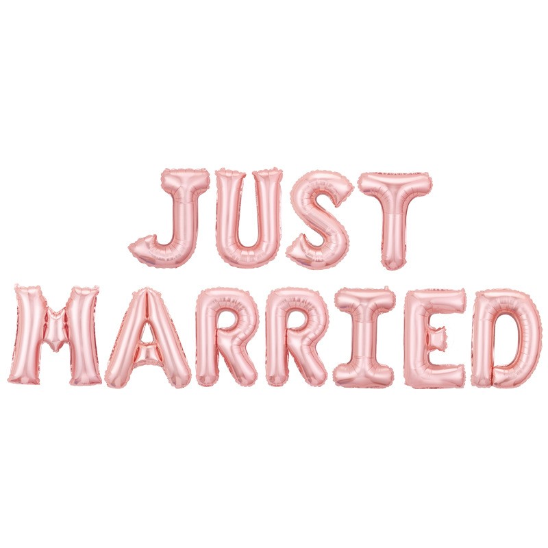 Tematica Nunta - Set Baloane din Folie Metalizata, , Model Just Married, Litere de 40 cm, Baloane Party, Ambalaj Individual, Pai, Ata si Adeziv Incluse, Umflare cu Aer sau Heliu, Roz