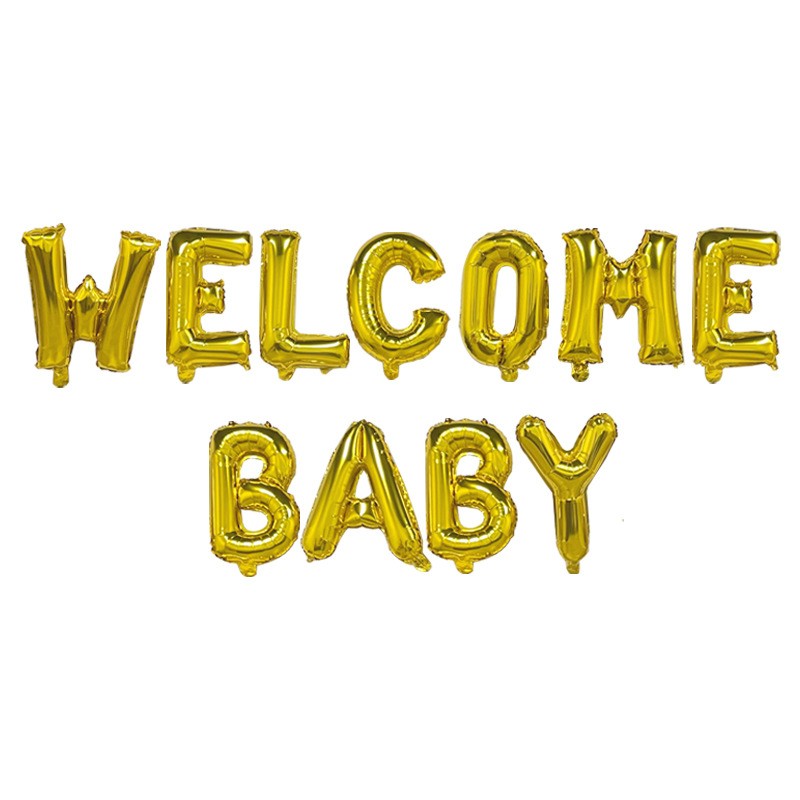 Seturi Baloane Folie - Set Baloane din Folie Metalizata, , Model Welcome Baby, Litere de 40 cm, Baloane Party, Ambalaj Individual, Pai, Ata si Adeziv Incluse, Umflare cu Aer sau Heliu, Auriu