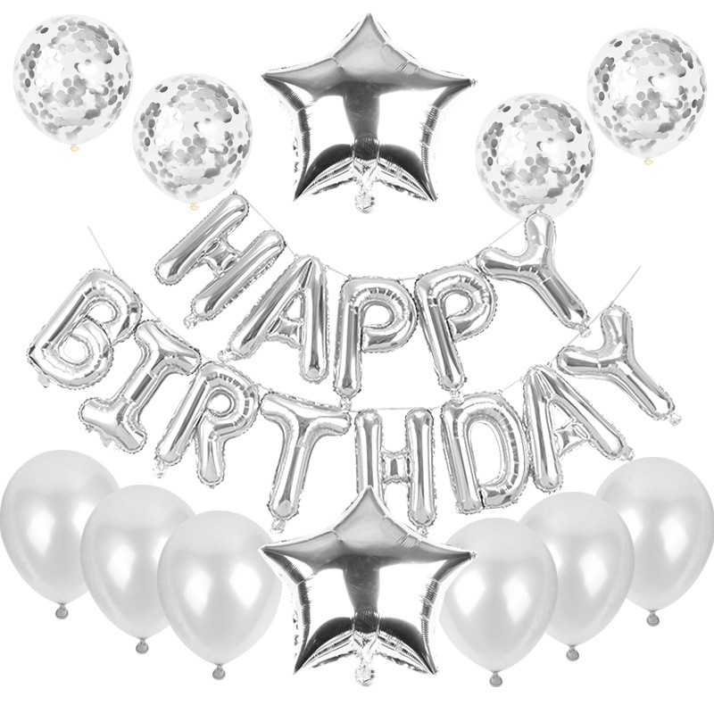 Seturi Baloane Folie - Set baloane din folie metalizata si baloane din latex, baloane HAPPY BIRTHDAY, 4 baloane latex Confetti, 6 baloane latex Roz, 2 baloane folie Steluta, 40cm, Argintiu