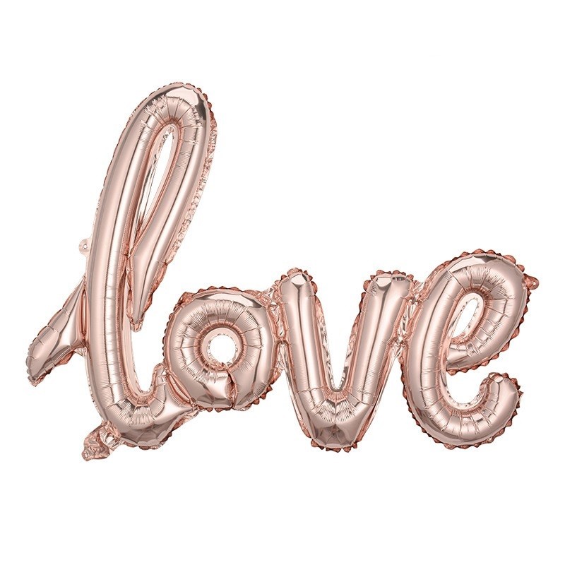 Seturi Baloane Folie - Balon din Folie Metalizata, , Model Love scris de mana, 102x65 cm, Tematica Ziua Îndrăgostiților, Ambalaj Individual, Pai Inclus, Umflare cu Aer sau Heliu, Rose Gold