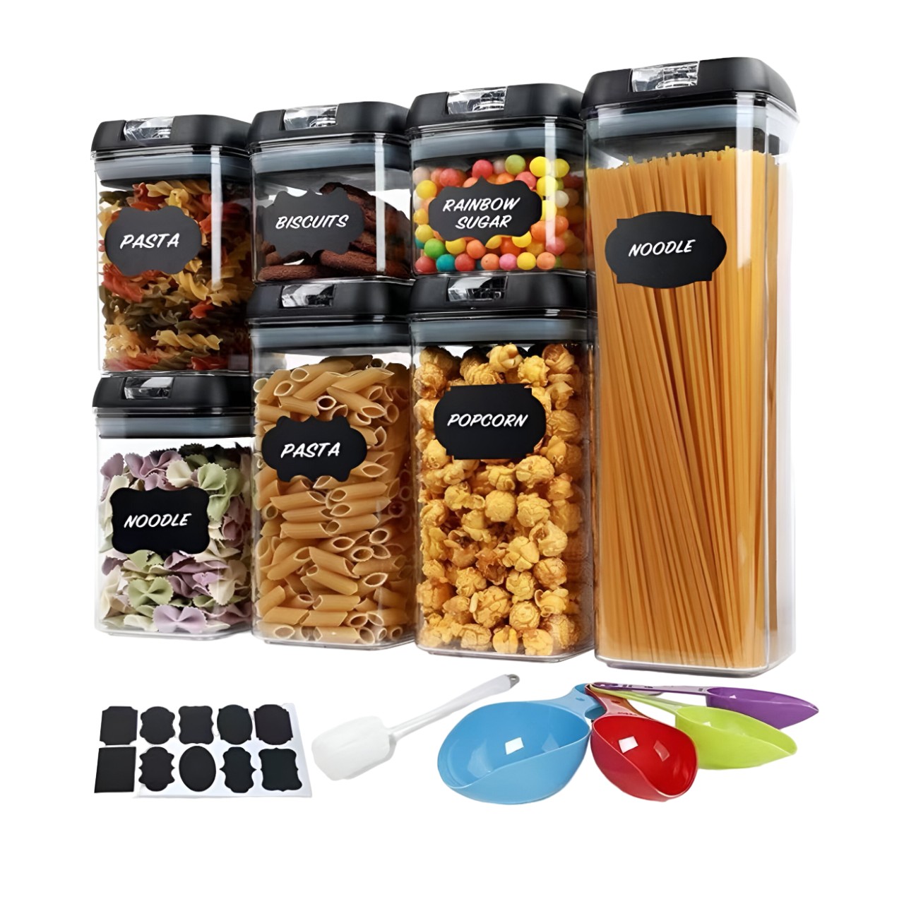 ✨TOATE PRODUSELE✨ - Set Cutii de Depozitare a Alimentelor, , 7 Recipiente, 10 Etichete Reutilizabile, 4 Linguri, pentru Bucatarie, Spatula, Etansare, Fara BPA, Transparente, Capac Negru