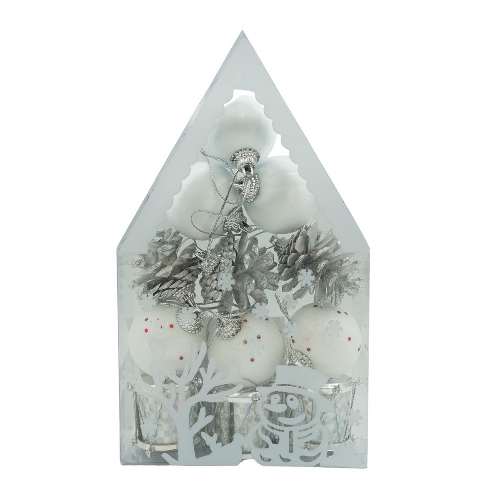 Ornamente Brad - Set de 12 ornamente de brad, , de tip Glob, Alb/ Argintiu, din polistiren, cu finisaj sclipitor , cutie 4 cm adancime x 20 cm inaltime x 12 cm lungime)