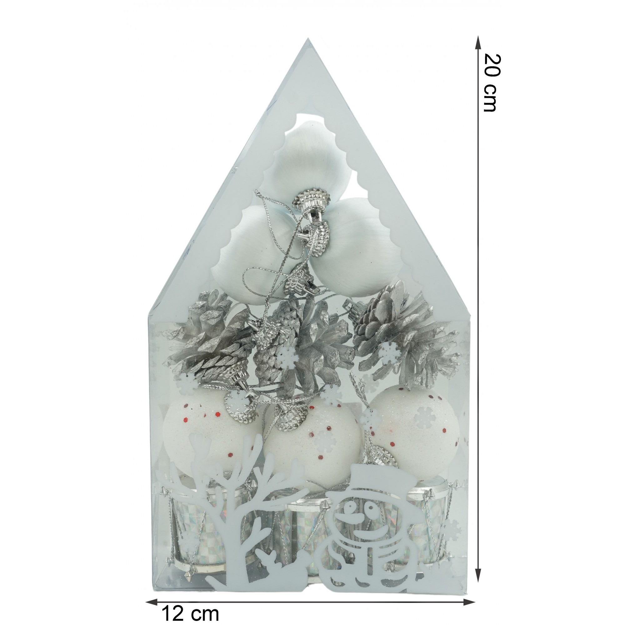 Set de 12 ornamente de brad, , de tip Glob, Alb/ Argintiu, din polistiren, cu finisaj sclipitor , cutie 4 cm adancime x 20 cm inaltime x 12 cm lungime) [6]