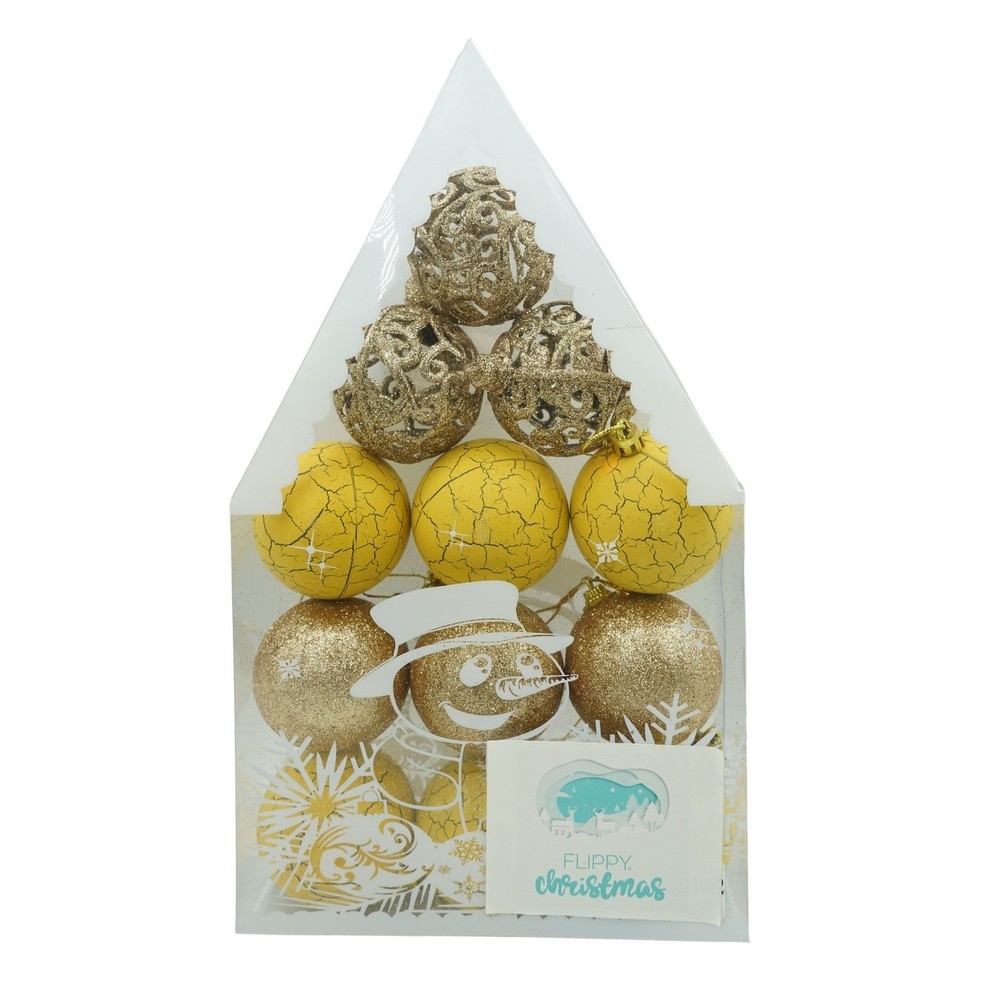 Ornamente Brad - Set de 12 ornamente de brad, , de tip Glob, Auriu/ Galben, din plastic, cu finisaj sclipitor , cutie 6 cm adancime x 30 cm inaltime x 18 cm lungime)