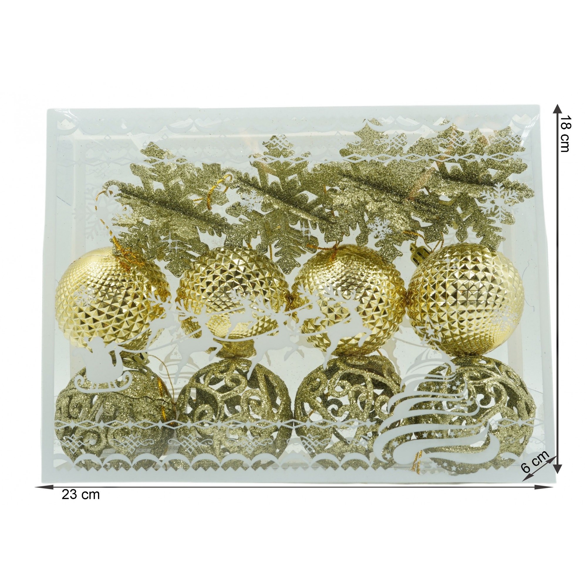 Set de 12 ornamente de brad, , de tip Glob, Auriu, din plastic, cu finisaj sclipitor , cutie 6 cm adancime x 23 cm lungime x 18 cm inaltime [6]