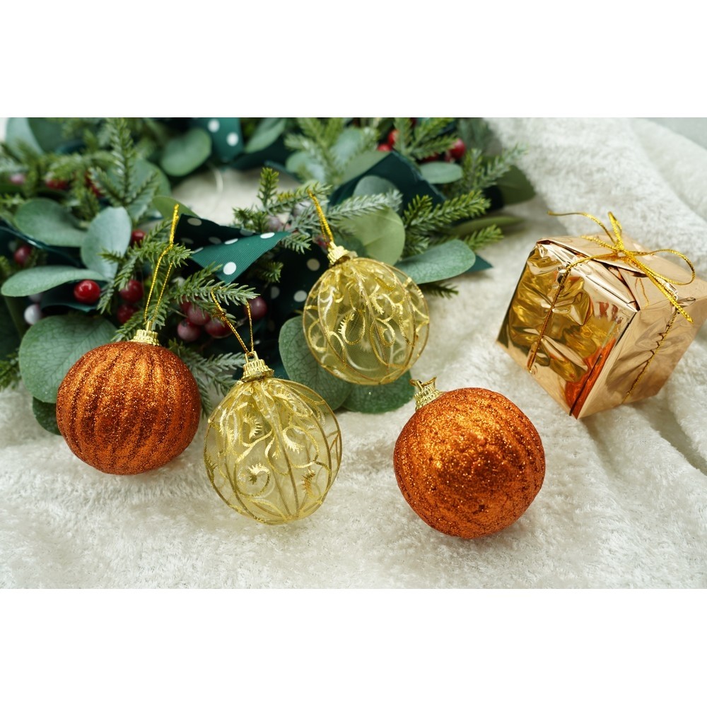 Set de 12 ornamente de brad, , de tip Glob, Cupru/ Auriu, din polistiren, cu finisaj sclipitor , cutie 6 cm adancime x 23 cm lungime x 18 cm inaltime [7]