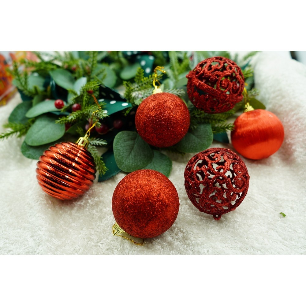 Set de 12 ornamente de brad, , de tip Glob, Rosu, din polistiren, cu finisaj sclipitor , cutie 6 cm adancime x 23 cm lungime x 18 cm inaltime [7]