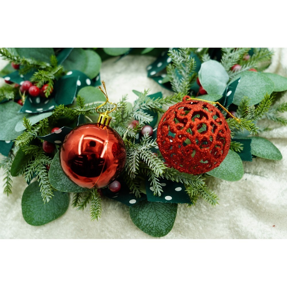 Set de 12 ornamente de brad, , de tip Glob, Rosu/ Auriu, din plastic, cu finisaj sclipitor , cutie 6 cm adancime x 23 cm lungime x 18 cm inaltime [9]