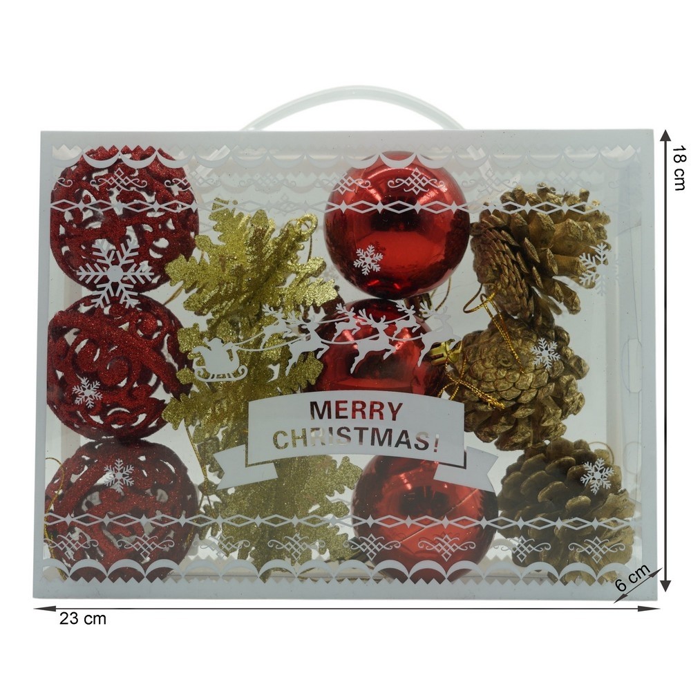 Set de 12 ornamente de brad, , de tip Glob, Rosu/ Auriu, din plastic, cu finisaj sclipitor , cutie 6 cm adancime x 23 cm lungime x 18 cm inaltime [11]