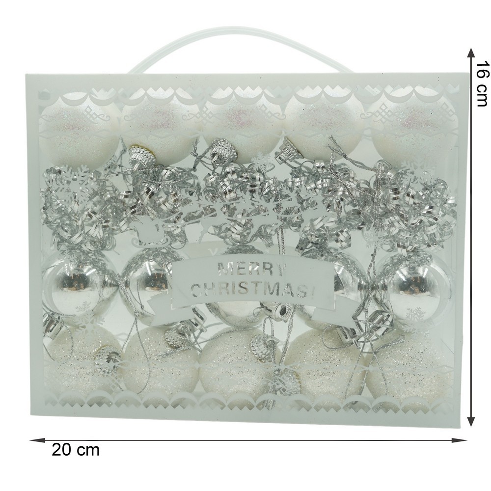 Set de 20 ornamente de brad, , de tip Glob, Alb/ Argintiu, din polistiren, cu finisaj sclipitor , cutie 4 cm adancime x 20 cm lungime x 16 cm inaltime [11]