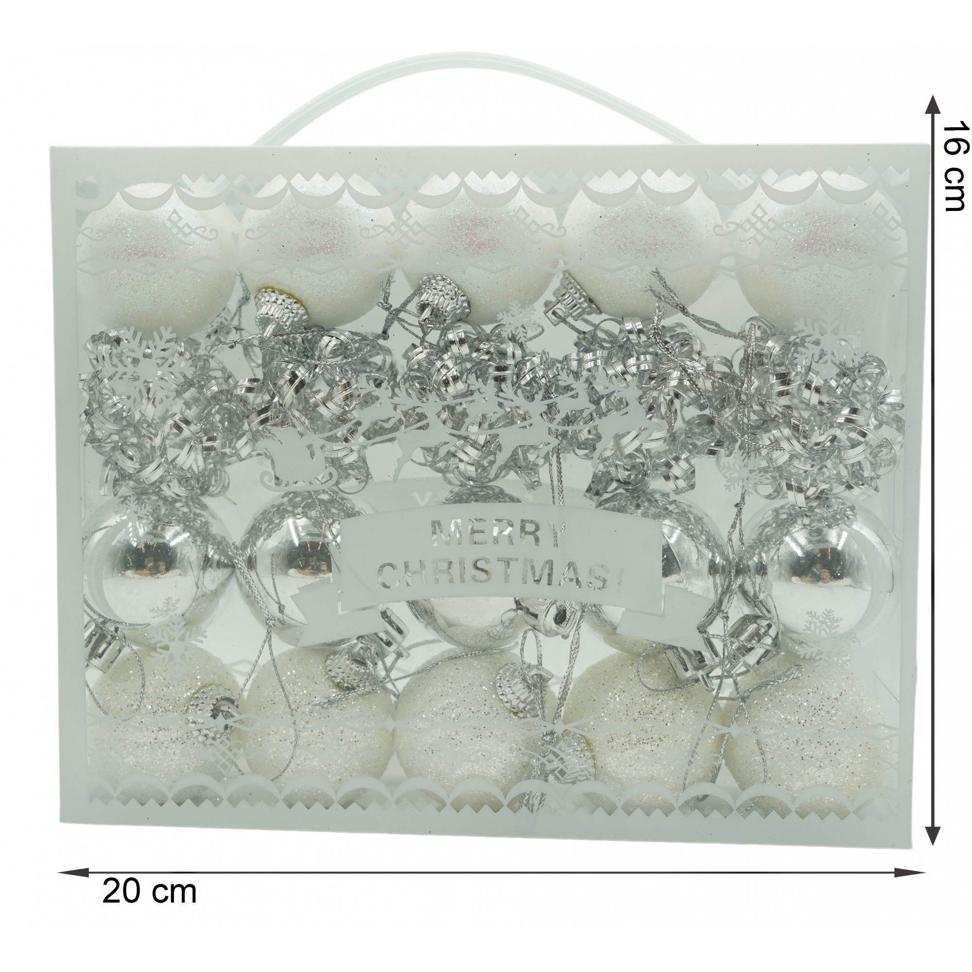 Set de 20 ornamente de brad, , de tip Glob, Alb/ Argintiu, din polistiren, cu finisaj sclipitor , cutie 4 cm adancime x 20 cm lungime x 16 cm inaltime [6]