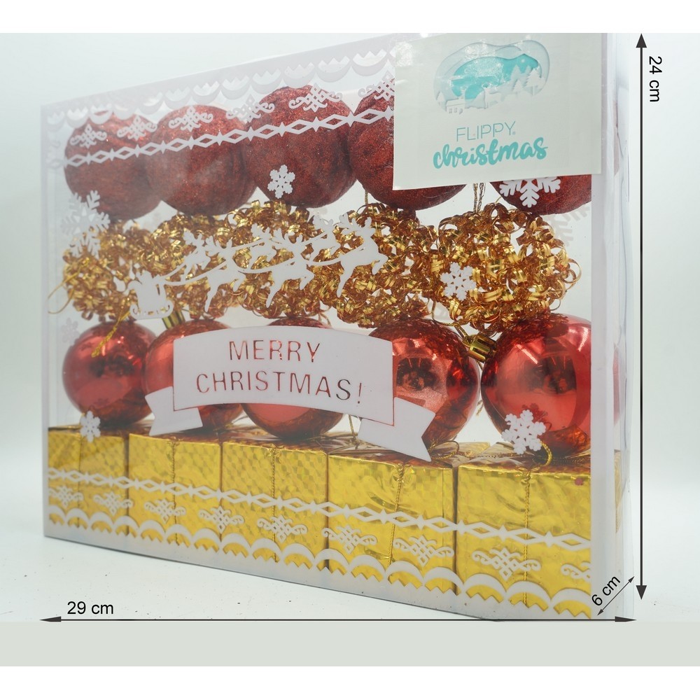 Set de 20 ornamente de brad, , de tip Glob, Rosu/ Auriu, din polistiren, cu finisaj sclipitor , cutie 6 cm adancime x 29 cm lungime x 24 cm inaltime [11]