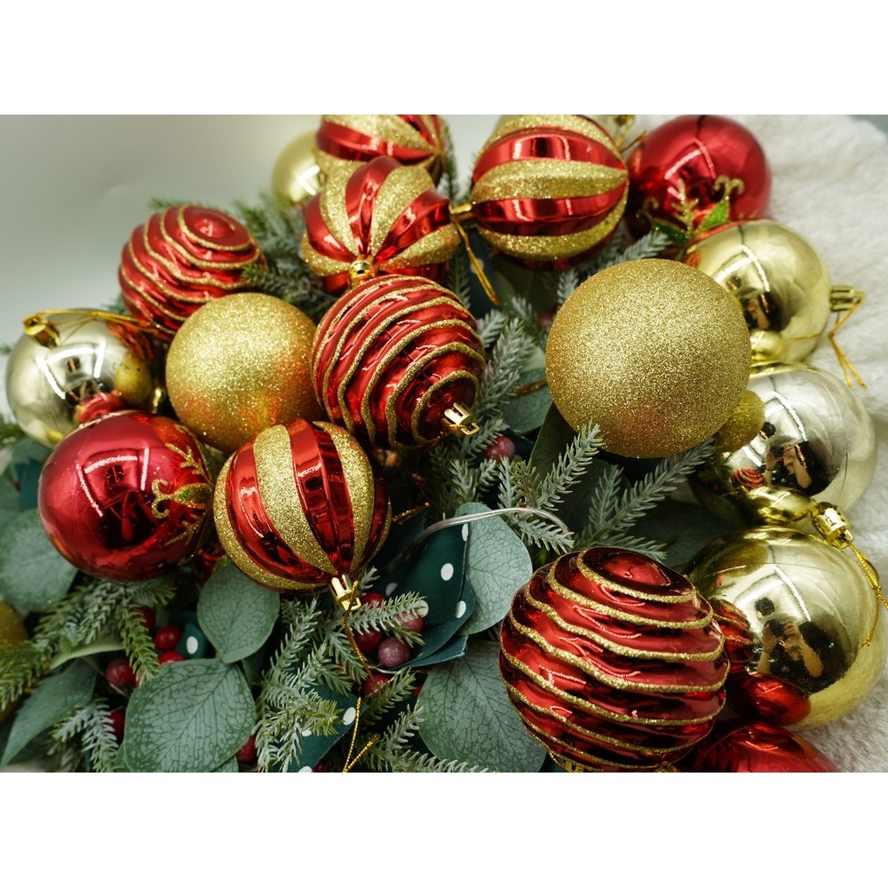 Set de 24 ornamente de brad, , de tip Glob, Rosu/ Auriu, cu ø de 7 cm, din plastic, cu finisaj sclipitor , cutie 16 cm lungime x 36 cm inaltime x 16 cm adancime [8]