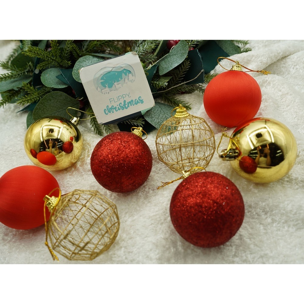 Set de 28 ornamente de brad, , de tip Glob, Rosu/ Auriu, din polistiren, cu finisaj sclipitor , cutie 18 cm adancime x 22 cm inaltime x 18 cm lungime) [7]