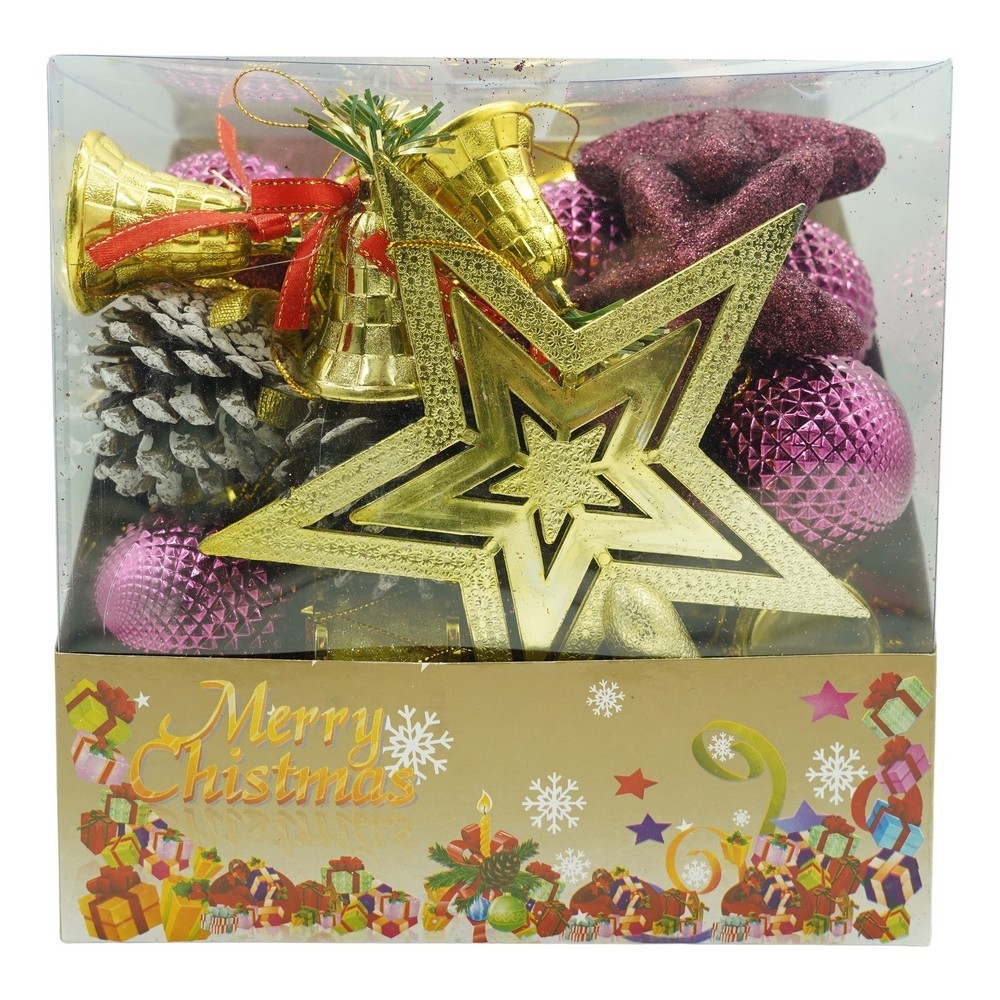 Ornamente Brad - Set de 50 ornamente de brad, , de tip Glob, Rosu/ Auriu, din plastic, cu finisaj sclipitor , cutie 18 cm lungime x 12 cm adancime x 18 cm inaltime