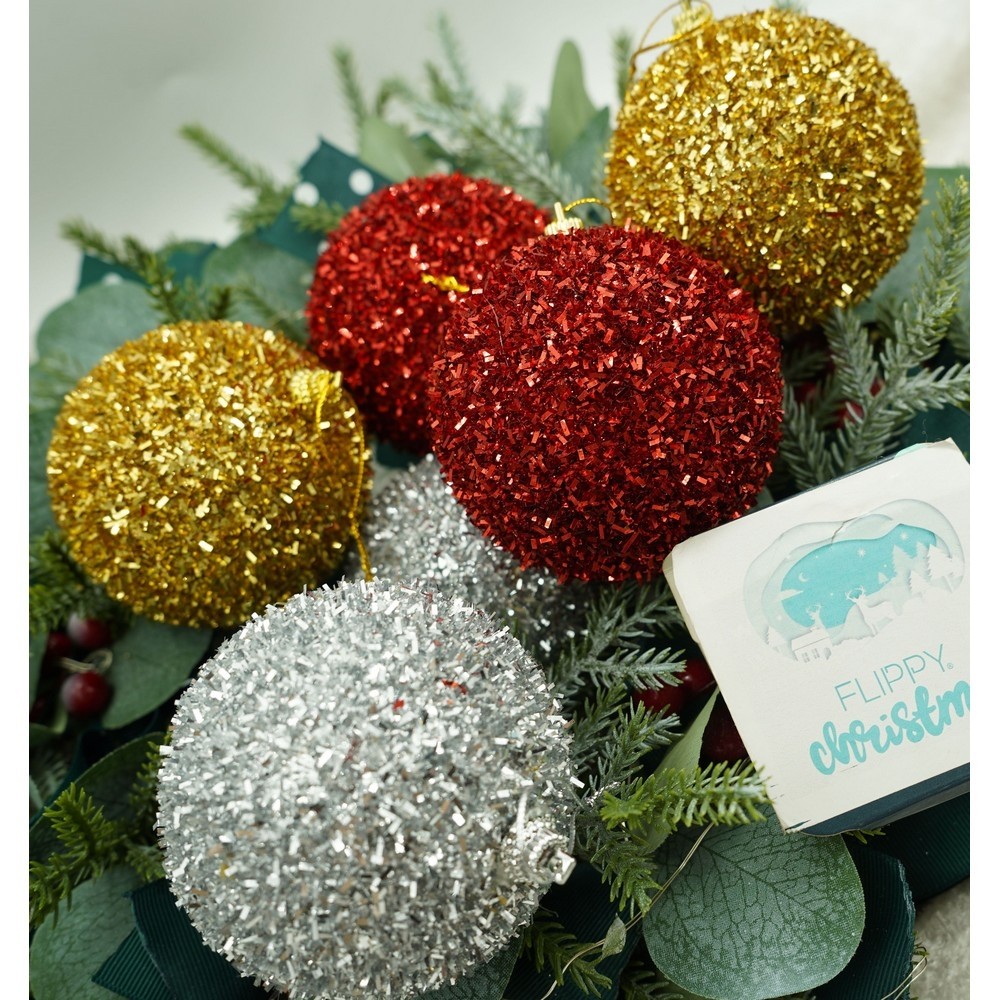 Set de 6 ornamente de brad, , de tip Glob, Multicolor, cu ø de 8 cm, din polistiren, cu finisaj sclipitor , cutie 16 cm inaltime x 24 cm lungime x 8 cm adancime [8]