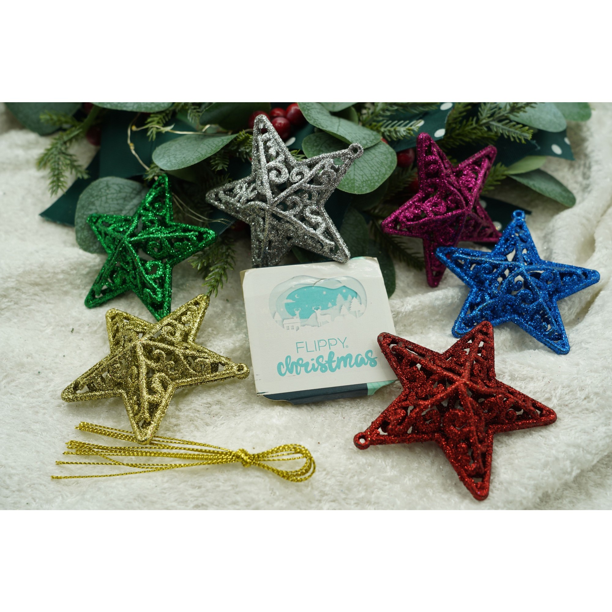 Set de 6 ornamente de brad, , de tip Stea, Multicolor, din plastic, cu finisaj sclipitor , cutie 3 cm adancime x 31 cm lungime x 9 cm inaltime [10]